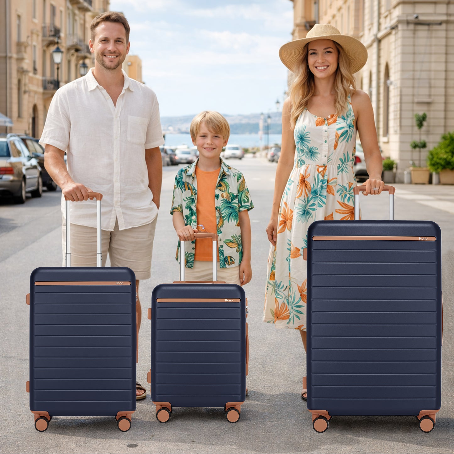 Kono KSK2584 3-Piece Luggage Set in Navy and Tan - Scratch-Resistant Hard Shell Set with Horizontal Stripe Design & Spinner Wheels