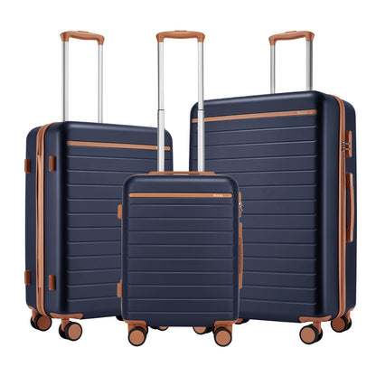 Kono KSK2584 3-Piece Luggage Set in Navy and Tan - Scratch-Resistant Hard Shell Set with Horizontal Stripe Design & Spinner Wheels