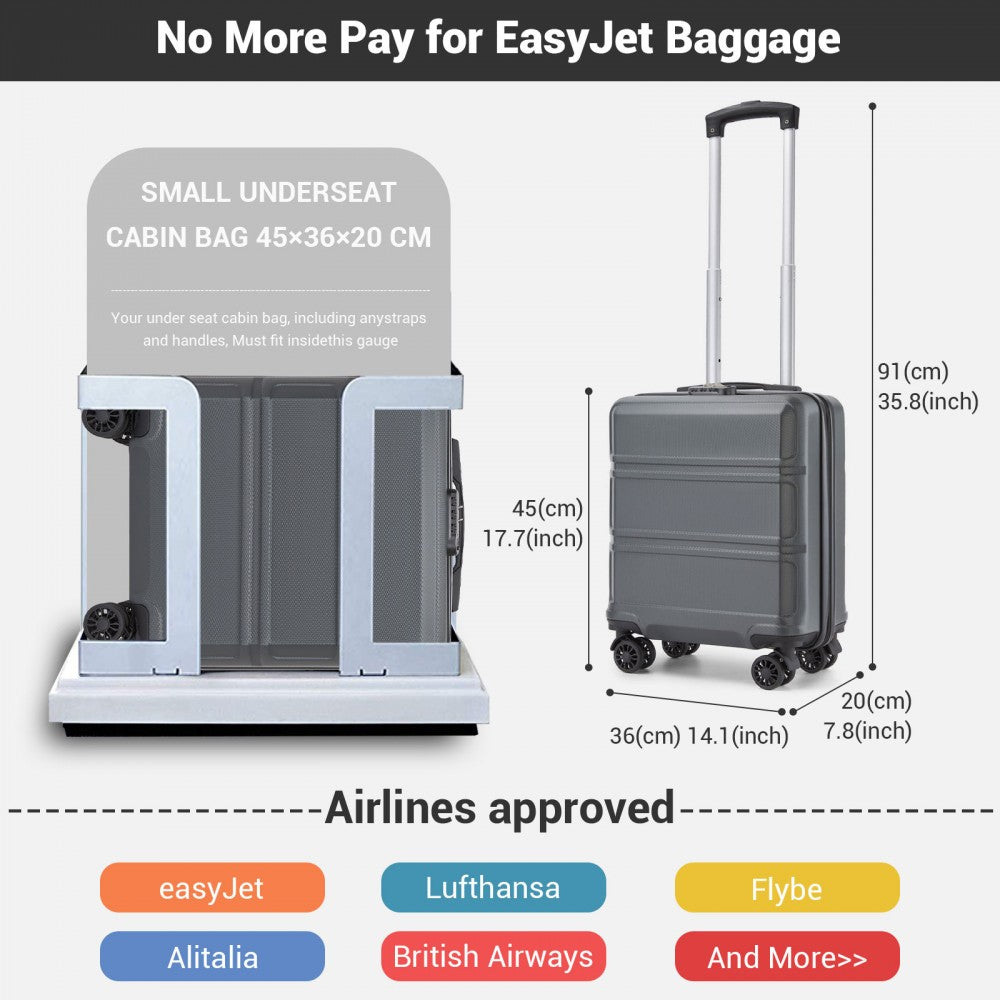 Kono KSK2596 Cabin Luggage in Grey (45x36x20cm) - ABS Hard Shell Cabin Suitcase with Spinner Wheels