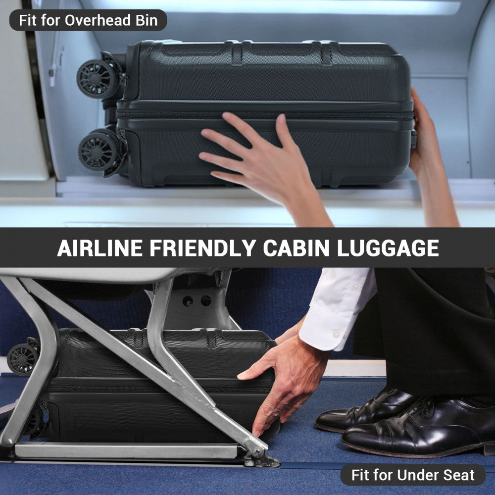 Kono KSK2596 Cabin Luggage in Black (45x36x20cm) - ABS Hard Shell Cabin Suitcase with Spinner Wheels