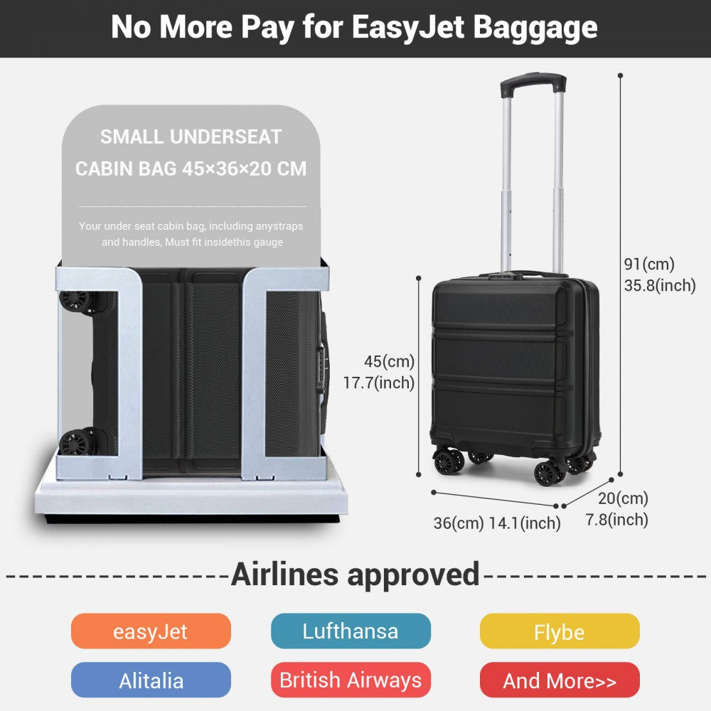 Kono KSK2596 Cabin Luggage in Black (45x36x20cm) - ABS Hard Shell Cabin Suitcase with Spinner Wheels