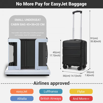 Kono KSK2596 Cabin Luggage in Black (45x36x20cm) - ABS Hard Shell Cabin Suitcase with Spinner Wheels