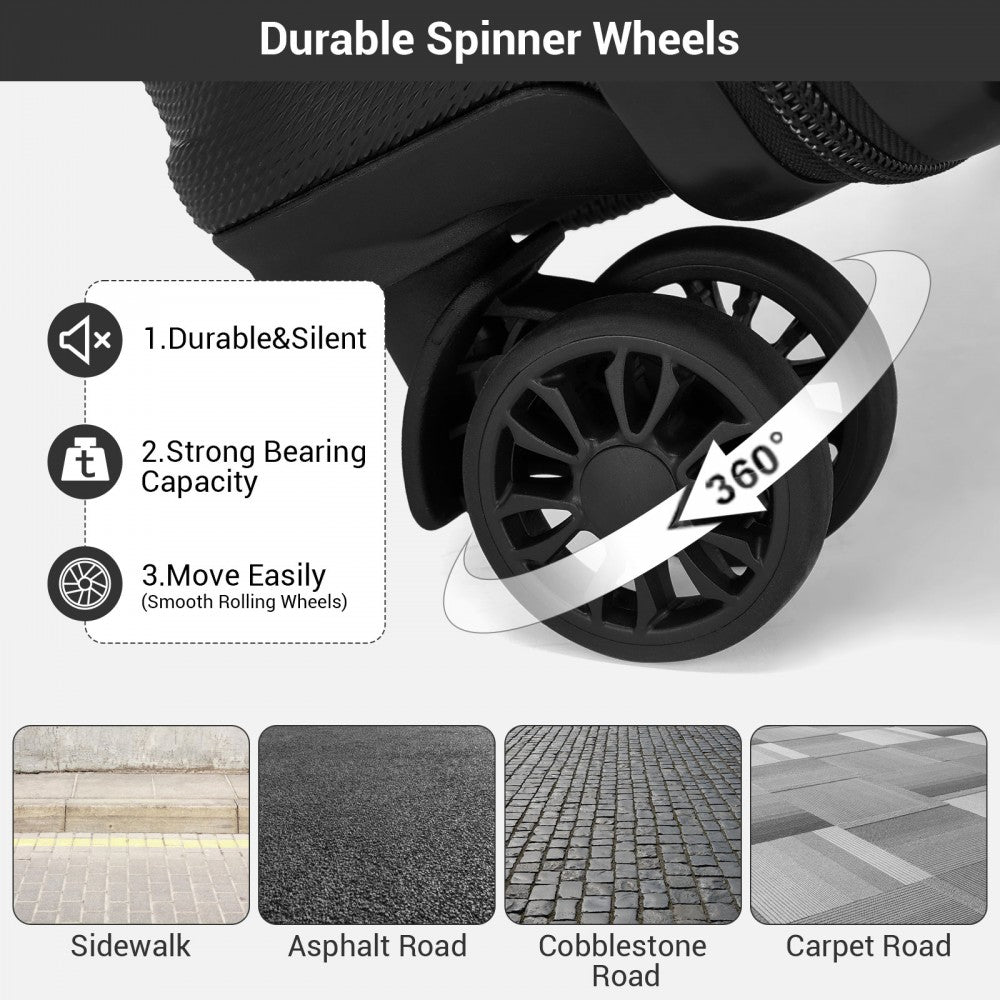 Kono KSK2596 Cabin Luggage in Black (45x36x20cm) - ABS Hard Shell Cabin Suitcase with Spinner Wheels