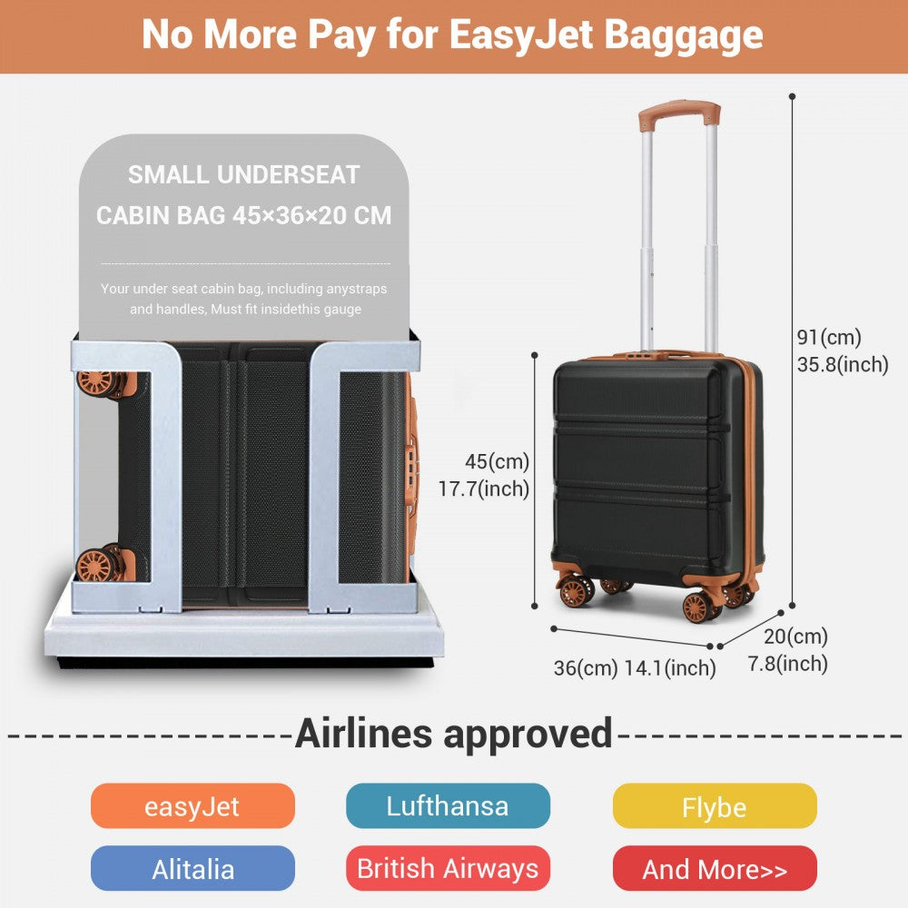 Kono KSK2596 Cabin Luggage in Black and Tan (45x36x20cm) - ABS Hard Shell Cabin Suitcase with Spinner Wheels