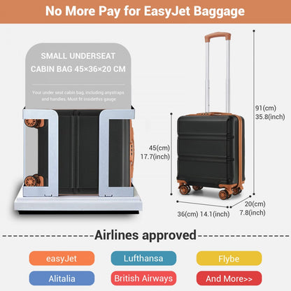 Kono KSK2596 Cabin Luggage in Black and Tan (45x36x20cm) - ABS Hard Shell Cabin Suitcase with Spinner Wheels