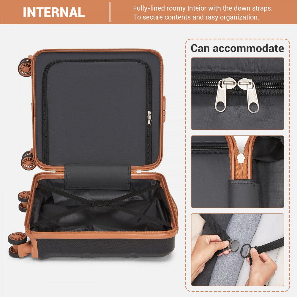 Kono KSK2596 Cabin Luggage in Black and Tan (45x36x20cm) - ABS Hard Shell Cabin Suitcase with Spinner Wheels