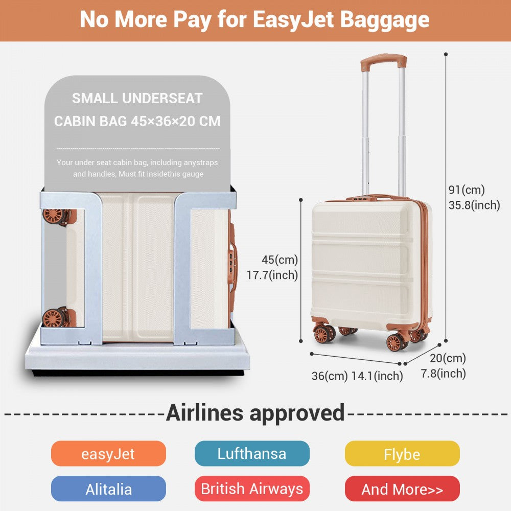 Kono KSK2596 Cabin Luggage in Cream and Tan (45x36x20cm) - ABS Hard Shell Cabin Suitcase with Spinner Wheels