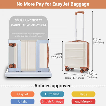 Kono KSK2596 Cabin Luggage in Cream and Tan (45x36x20cm) - ABS Hard Shell Cabin Suitcase with Spinner Wheels