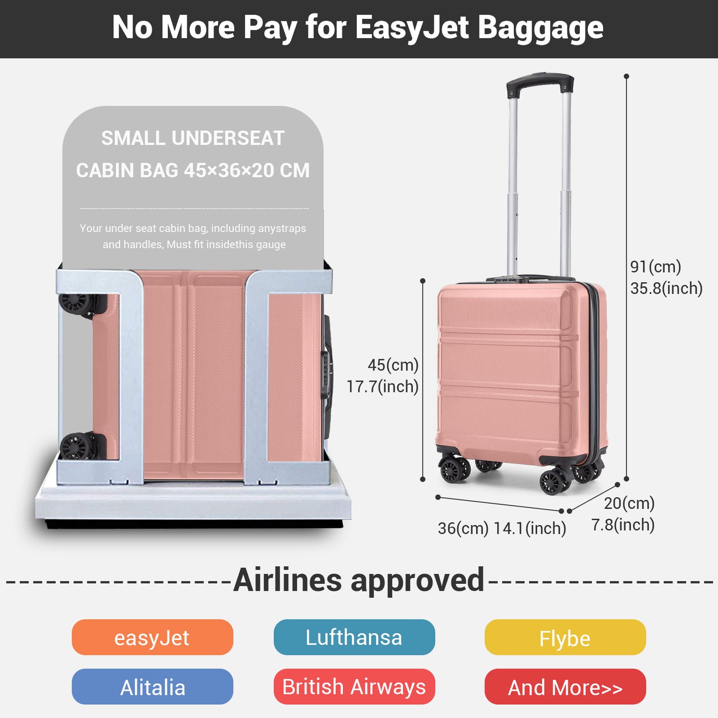 Kono KSK2596 Cabin Luggage in Nude and Black (45x36x20cm) - ABS Hard Shell Cabin Suitcase with Spinner Wheels