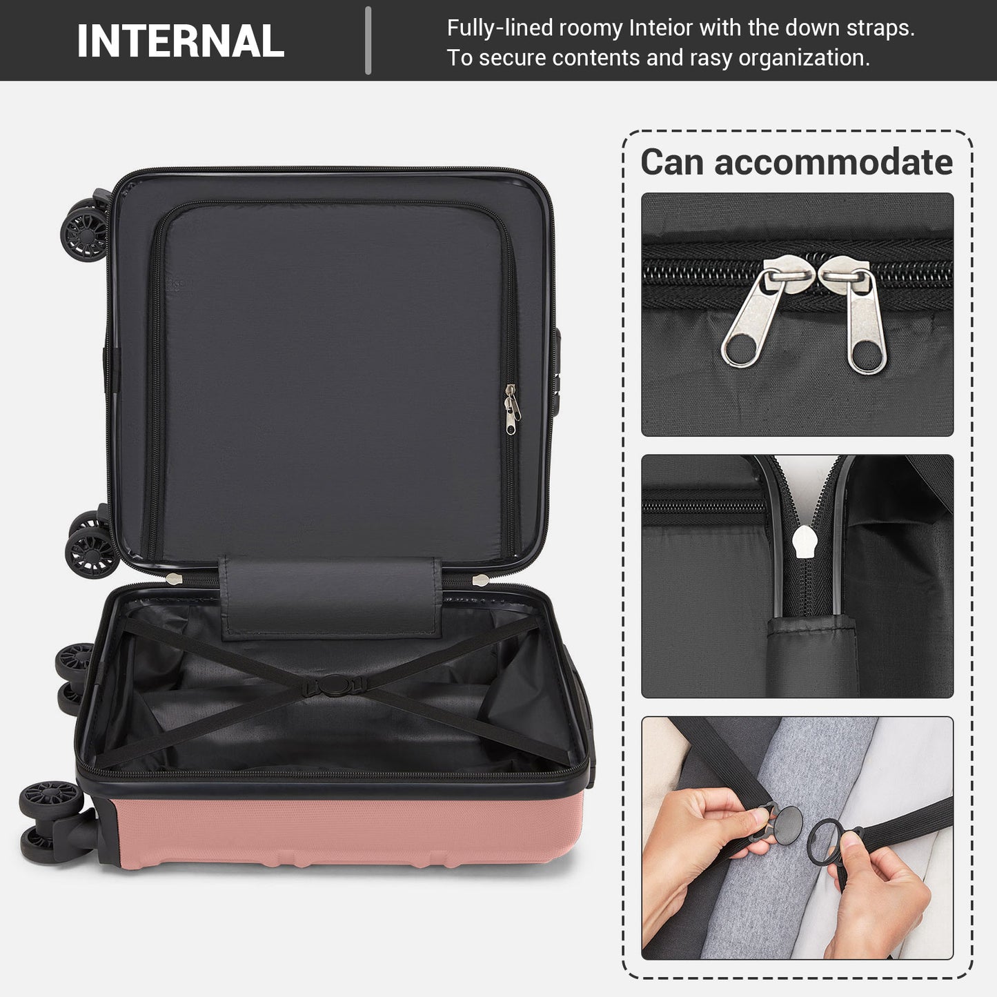 Kono KSK2596 Cabin Luggage in Nude and Black (45x36x20cm) - ABS Hard Shell Cabin Suitcase with Spinner Wheels