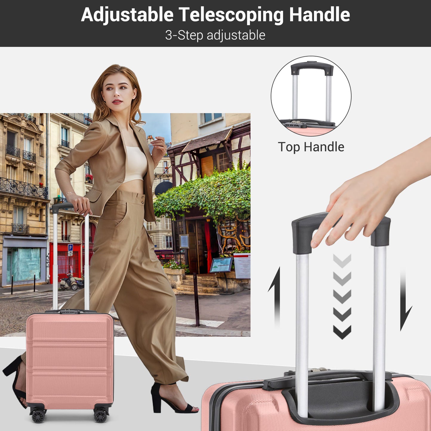 Kono KSK2596 Cabin Luggage in Nude and Black (45x36x20cm) - ABS Hard Shell Cabin Suitcase with Spinner Wheels