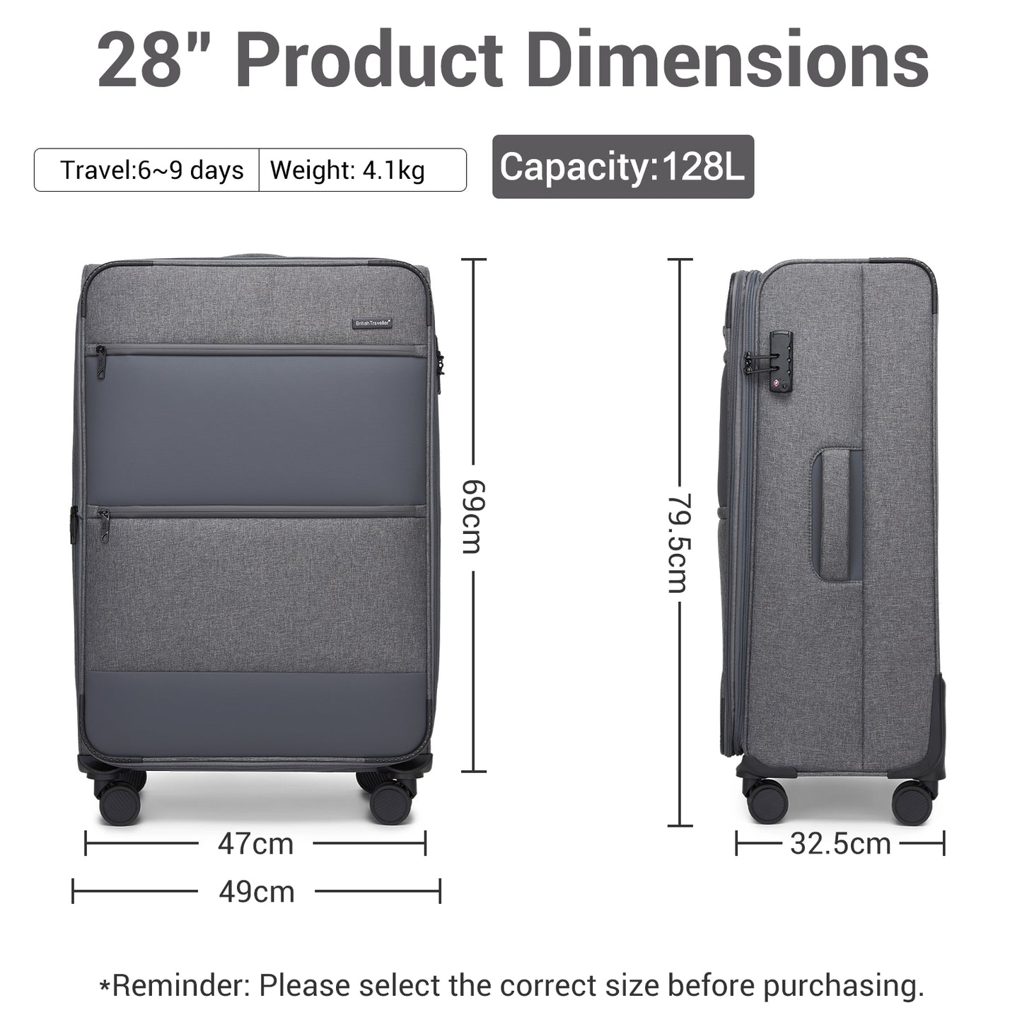 British Traveller KSB2597 Large Luggage in Grey (79.5x49x32.5 cm) - Lightweight & Tough Soft-Shell Suitcase with TSA Lock and Expandable Capacity