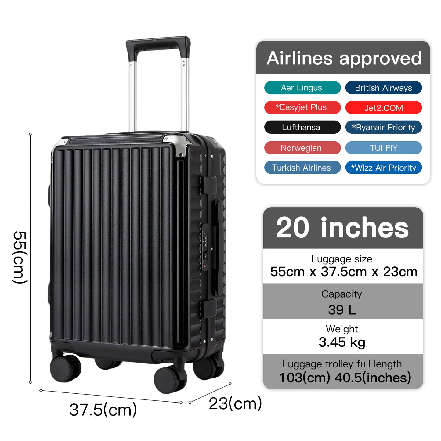 Kono KSK2693 Cabin Luggage in Black - Zipperless Hardshell Carry-On with Aluminium Frame, Smart Lock Travel, Phone Holder & Cup Holder