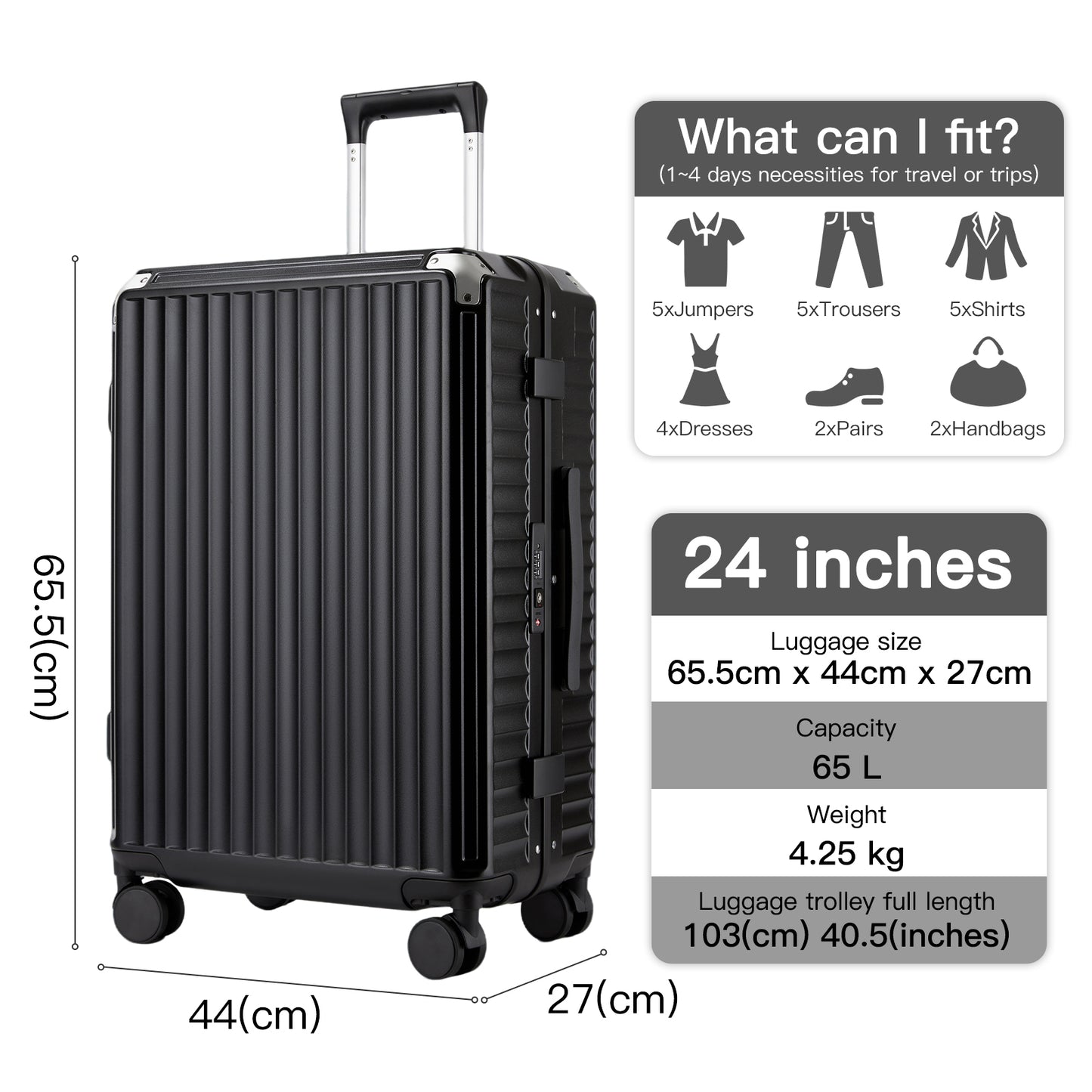 Kono KSK2693 Mid-Size Luggage in Black (66.5x44x27cm)- Zipperless Medium Checked Suitcase with Reinforced Aluminium Frame, TSA Lock and Smart Travel Features