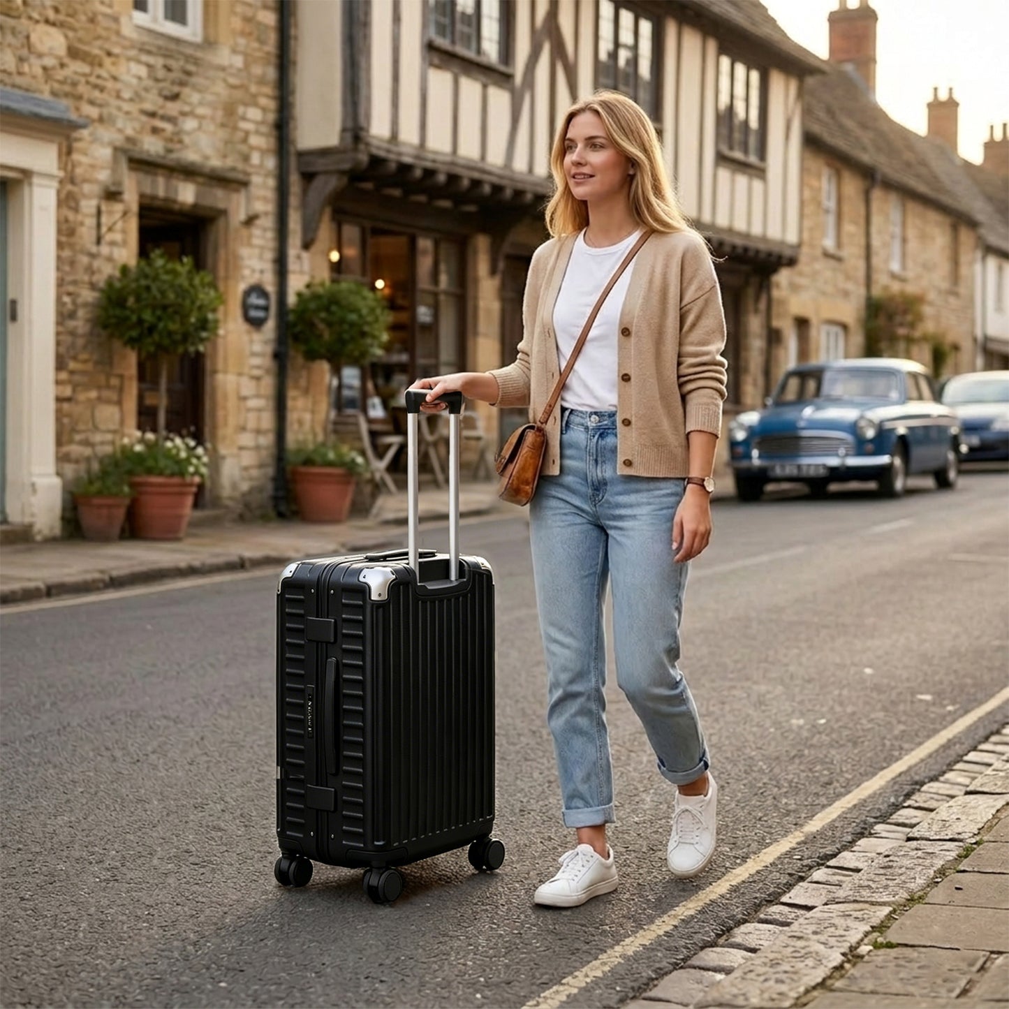 Kono KSK2693 Mid-Size Luggage in Black (66.5x44x27cm)- Zipperless Medium Checked Suitcase with Reinforced Aluminium Frame, TSA Lock and Smart Travel Features