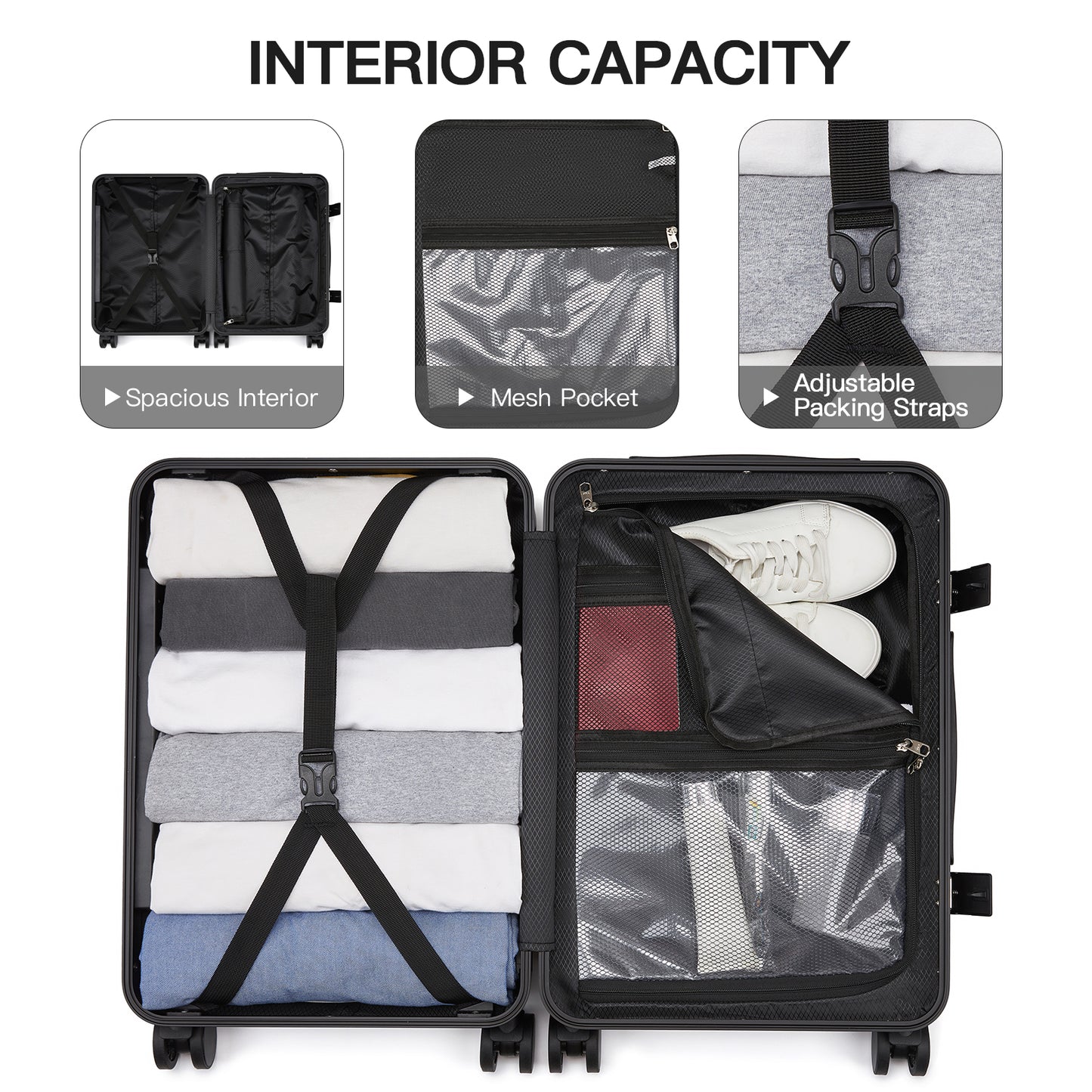 Kono KSK2693 Mid-Size Luggage in Black (66.5x44x27cm)- Zipperless Medium Checked Suitcase with Reinforced Aluminium Frame, TSA Lock and Smart Travel Features