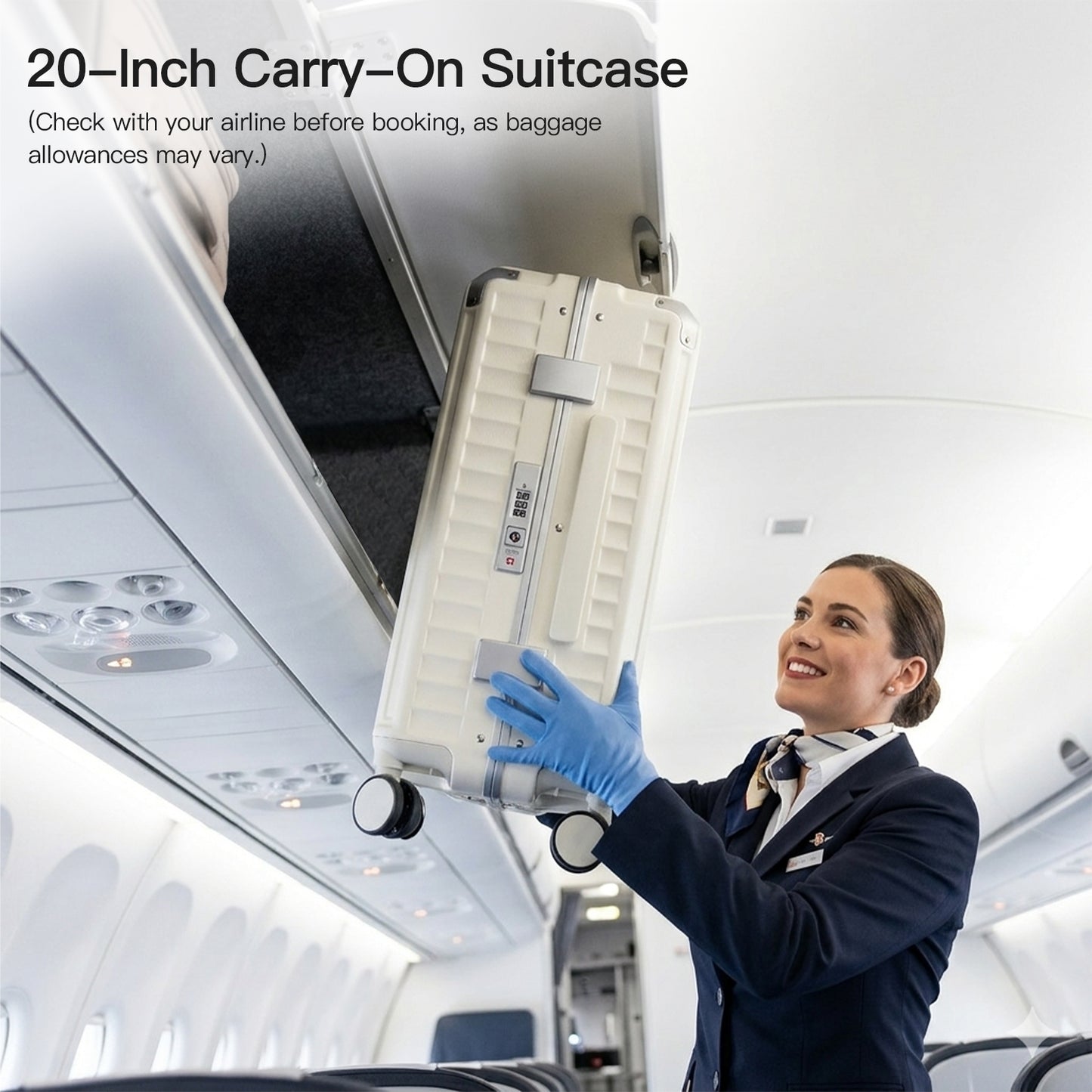 Kono KSK2693 Cabin Luggage in White - Zipperless Hardshell Carry-On with Aluminium Frame, Smart Lock Travel, Phone Holder & Cup Holder