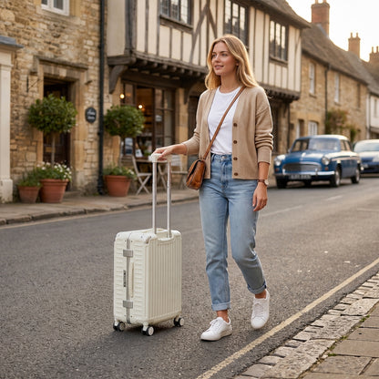 Kono KSK2693 Cabin Luggage in White - Zipperless Hardshell Carry-On with Aluminium Frame, Smart Lock Travel, Phone Holder & Cup Holder
