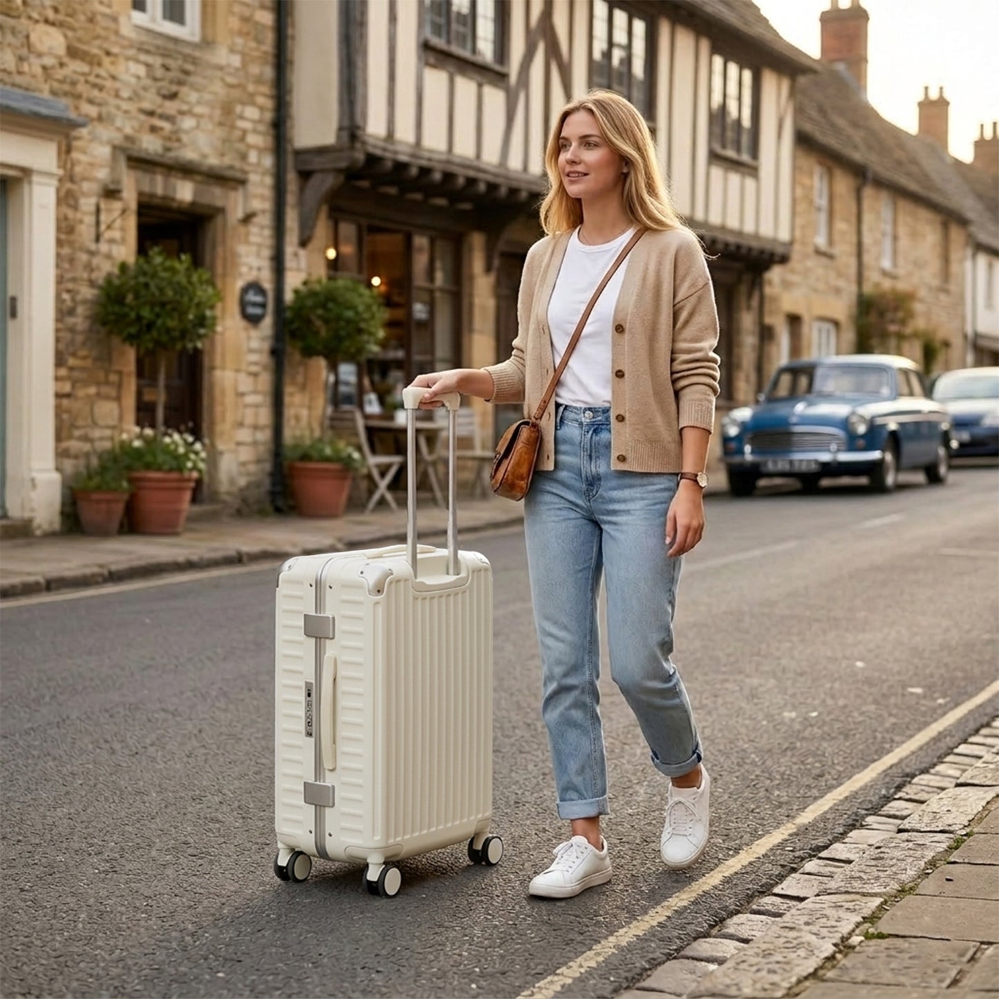 Kono KSK2693 Mid-Size Luggage in White (66.5x44x27cm)- Zipperless Medium Checked Suitcase with Reinforced Aluminium Frame, TSA Lock and Smart Travel Features
