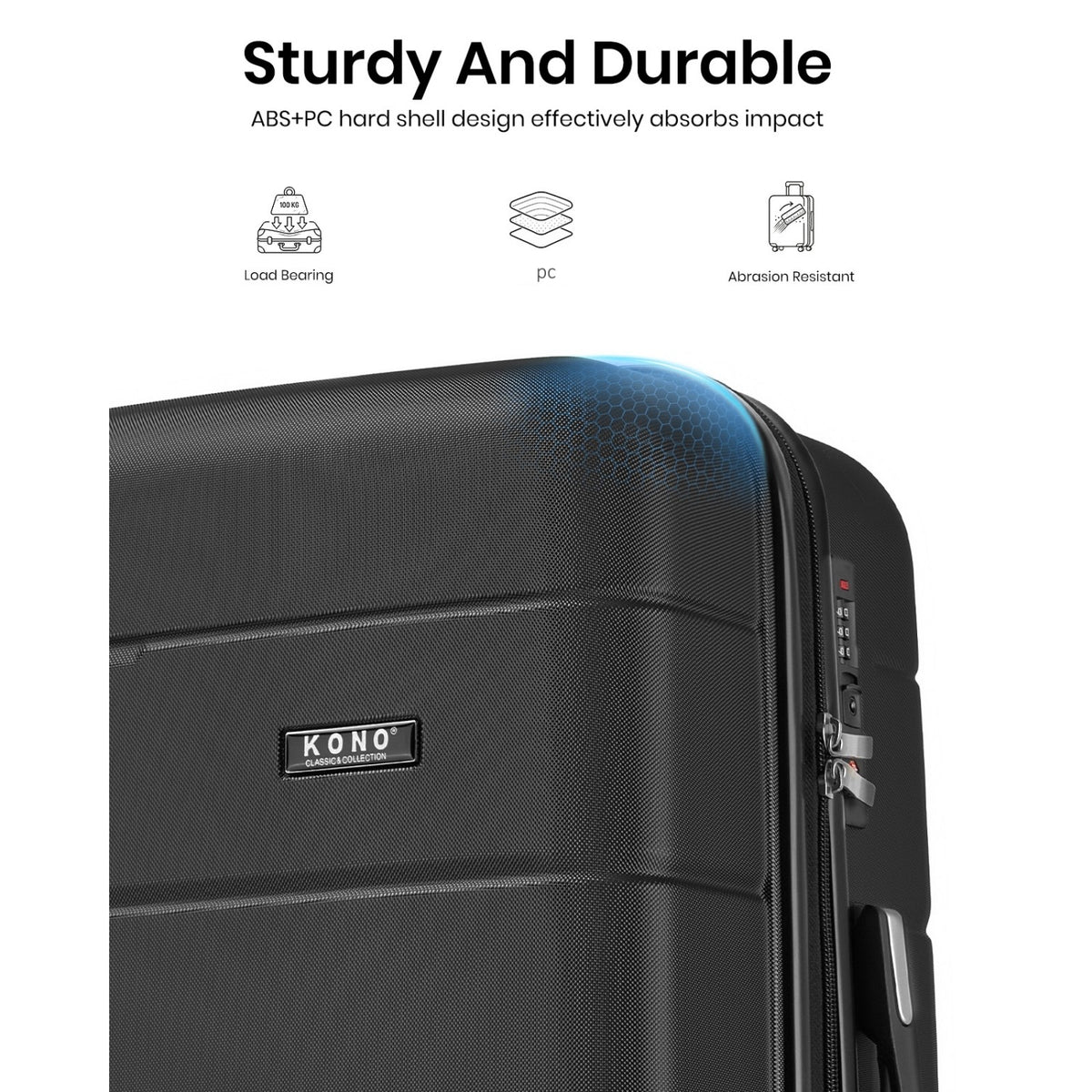Kono KSK2694 Cabin Luggage in Black (55x40x20 cm) - Hard Shell Carry-On Suitcase with Silent Wheels & Organised Interior