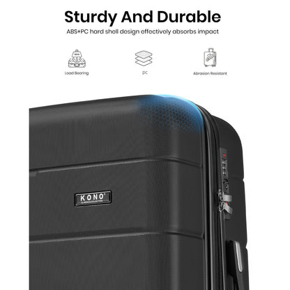 Kono KSK2694 Cabin Luggage in Black (55x40x20 cm) - Hard Shell Carry-On Suitcase with Silent Wheels & Organised Interior