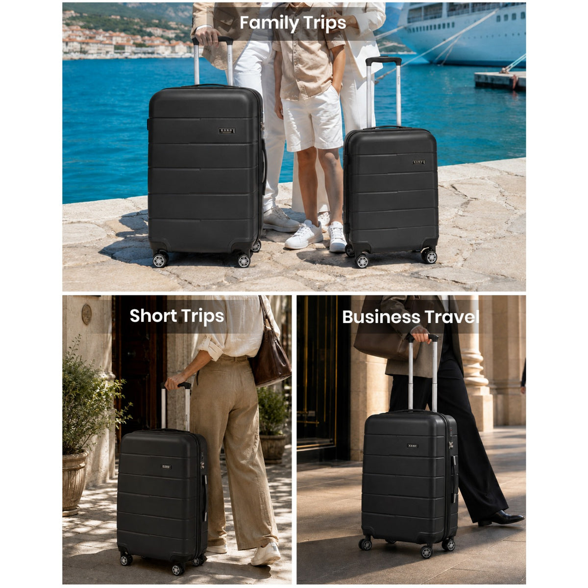 Kono KSK2694 Cabin Luggage in Black (55x40x20 cm) - Hard Shell Carry-On Suitcase with Silent Wheels & Organised Interior