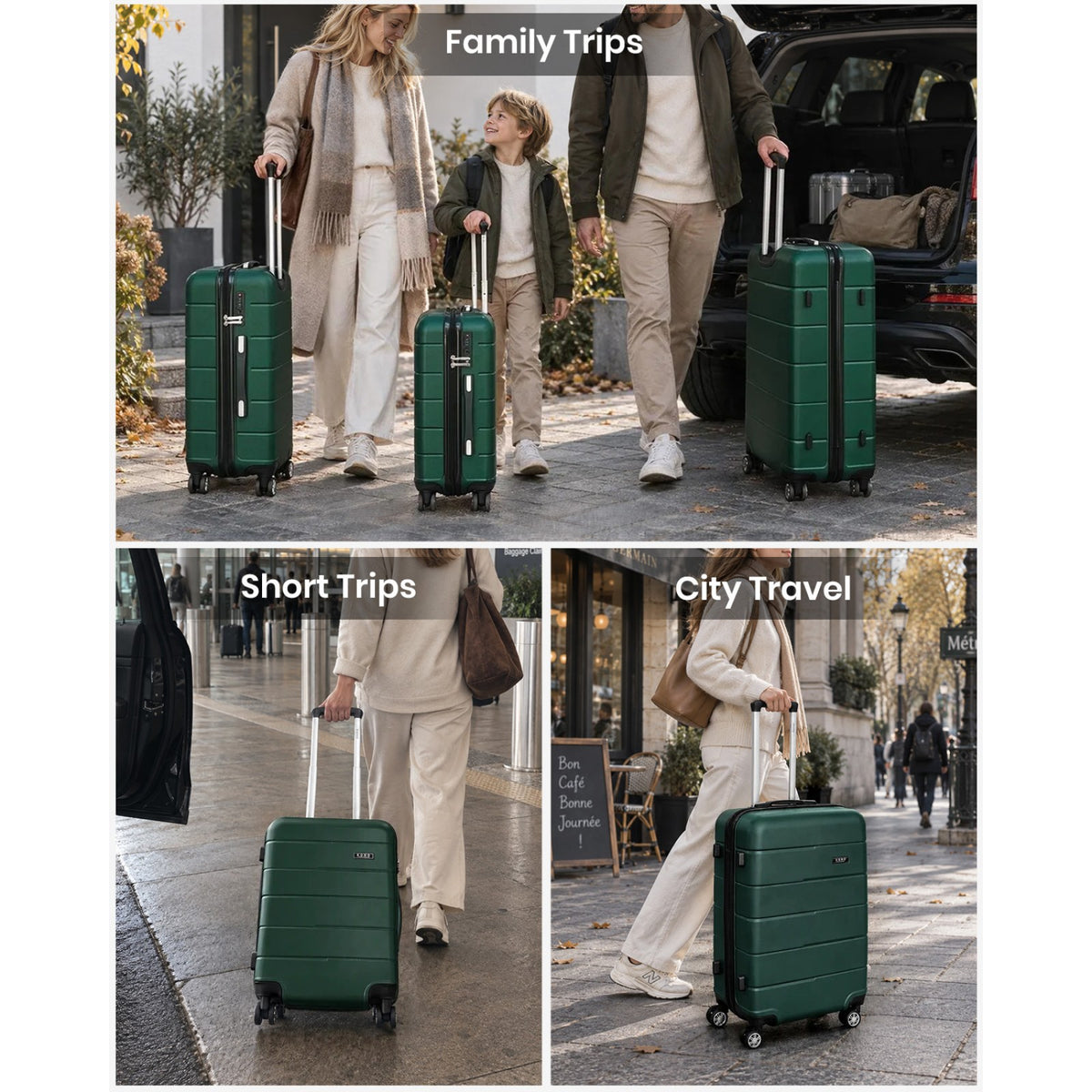 Kono KSK2694 Cabin Luggage in Green and Black (55x40x20 cm) - Hard Shell Carry-On Suitcase with Silent Wheels & Organised Interior