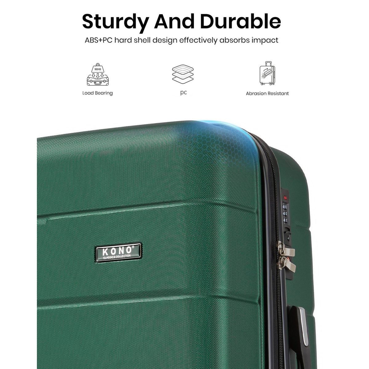 Kono KSK2694 Cabin Luggage in Green and Black (55x40x20 cm) - Hard Shell Carry-On Suitcase with Silent Wheels & Organised Interior