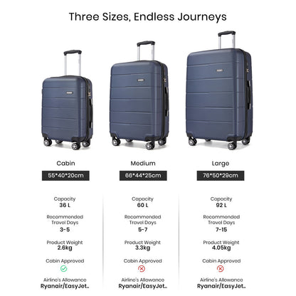 Kono KSK2694 Cabin Luggage in Navy and Black (55x40x20 cm) - Hard Shell Carry-On Suitcase with Silent Wheels & Organised Interior