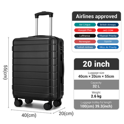 KSN2691 - 20 Inch Carry-On Luggage, Lightweight ABS Hard Shell Suitcase with 360 Silent Wheels, Combination Lock & Organised Interior - Black