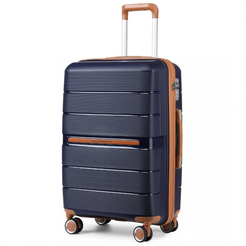 British Traveller K2392L Cabin Luggage in Navy and Tan (55x37x22 cm) -  Multi-Texture PP Hard Shell Suitcase with TSA Lock - Luggage eStore