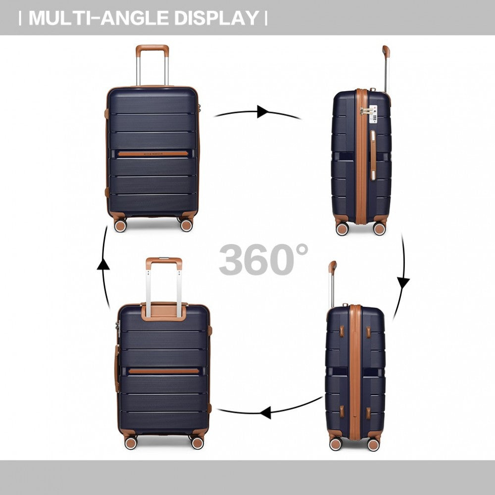 British Traveller K2392L Cabin Luggage in Navy and Tan (55x37x22 cm) -  Multi-Texture PP Hard Shell Suitcase with TSA Lock - Luggage eStore