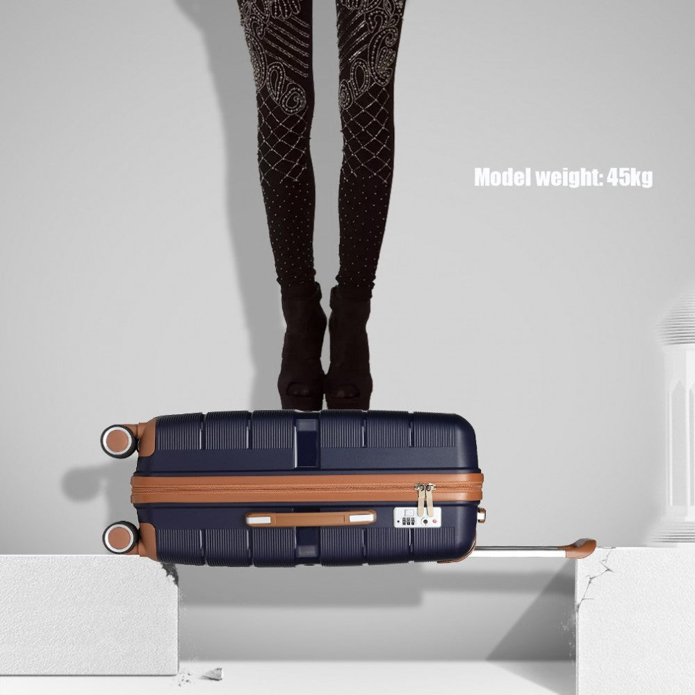 British Traveller K2392L Cabin Luggage in Navy and Tan (55x37x22 cm) -  Multi-Texture PP Hard Shell Suitcase with TSA Lock - Luggage eStore
