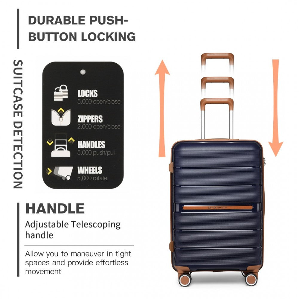 British Traveller K2392L Cabin Luggage in Navy and Tan (55x37x22 cm) -  Multi-Texture PP Hard Shell Suitcase with TSA Lock - Luggage eStore