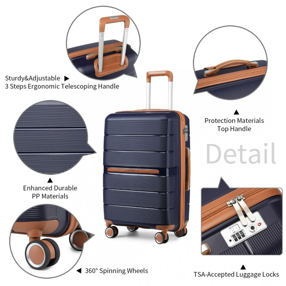 British Traveller K2392L Cabin Luggage in Navy and Tan (55x37x22 cm) -  Multi-Texture PP Hard Shell Suitcase with TSA Lock - Luggage eStore