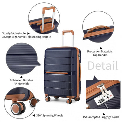 British Traveller K2392L Cabin Luggage in Navy and Tan (55x37x22 cm) -  Multi-Texture PP Hard Shell Suitcase with TSA Lock - Luggage eStore