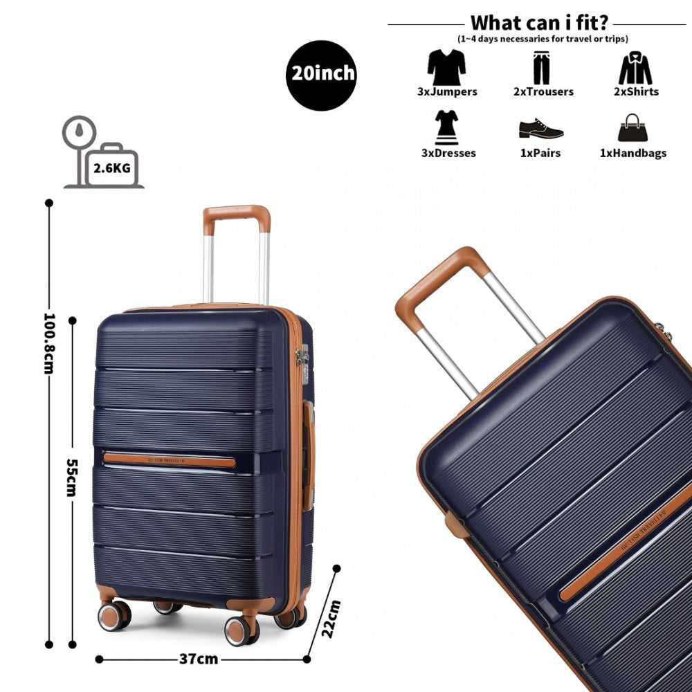 British Traveller K2392L Cabin Luggage in Navy and Tan (55x37x22 cm) -  Multi-Texture PP Hard Shell Suitcase with TSA Lock - Luggage eStore