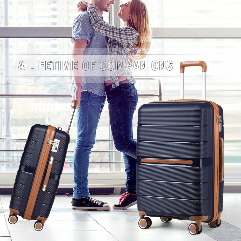 British Traveller K2392L Cabin Luggage in Navy and Tan (55x37x22 cm) -  Multi-Texture PP Hard Shell Suitcase with TSA Lock - Luggage eStore