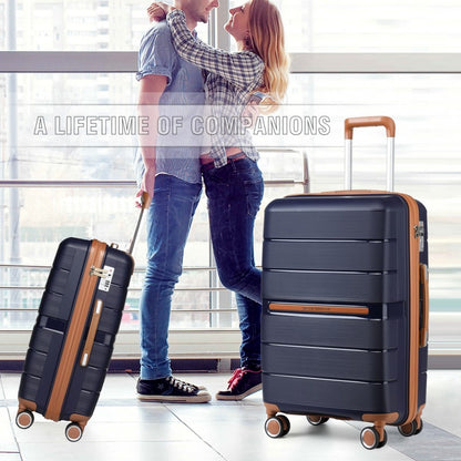 British Traveller K2392L Cabin Luggage in Navy and Tan (55x37x22 cm) -  Multi-Texture PP Hard Shell Suitcase with TSA Lock - Luggage eStore