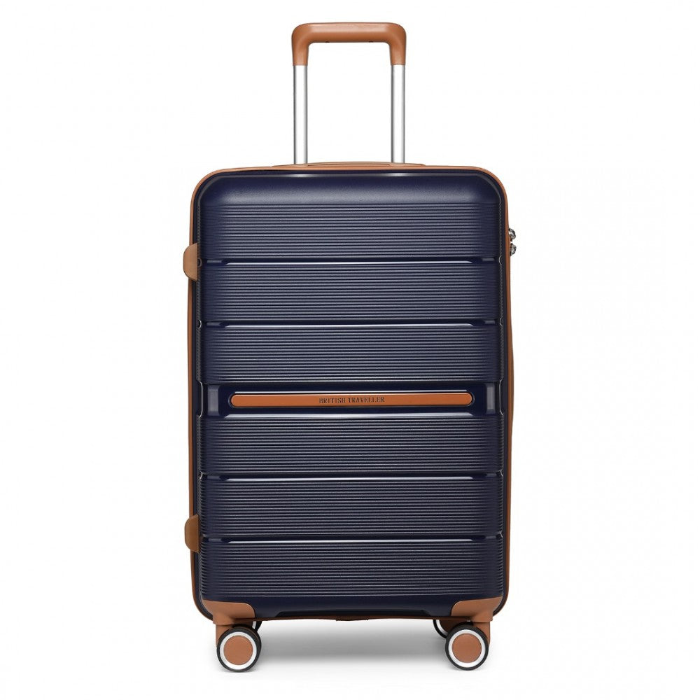 British Traveller K2392L Cabin Luggage in Navy and Tan (55x37x22 cm) -  Multi-Texture PP Hard Shell Suitcase with TSA Lock - Luggage eStore