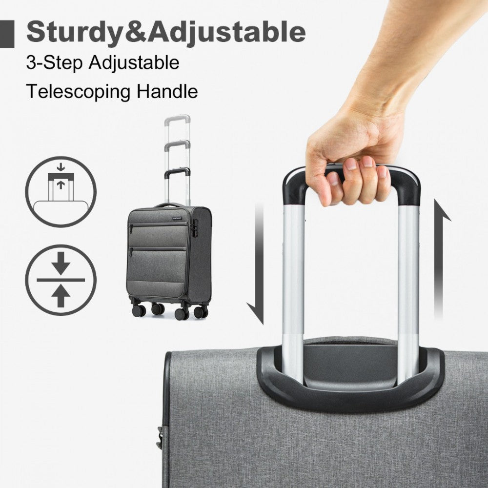 British Traveller K2397L Cabin Luggage in Grey (50x40x20 cm) - Lightweight Soft Shell Suitcase With Laptop Compartment TSA Lock - Luggage eStore