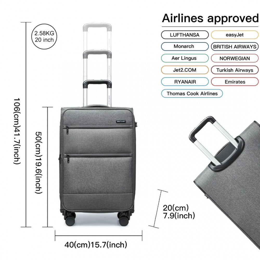 British Traveller K2397L Cabin Luggage in Grey (50x40x20 cm) - Lightweight Soft Shell Suitcase With Laptop Compartment TSA Lock - Luggage eStore