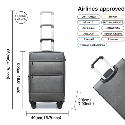 British Traveller K2397L Cabin Luggage in Grey (50x40x20 cm) - Lightweight Soft Shell Suitcase With Laptop Compartment TSA Lock - Luggage eStore