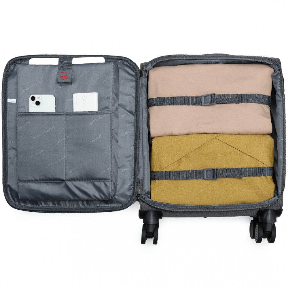 British Traveller K2397L Cabin Luggage in Grey (50x40x20 cm) - Lightweight Soft Shell Suitcase With Laptop Compartment TSA Lock - Luggage eStore
