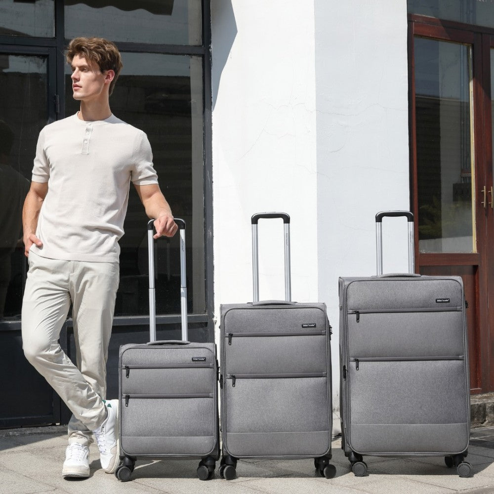 British Traveller K2397L Cabin Luggage in Grey (50x40x20 cm) - Lightweight Soft Shell Suitcase With Laptop Compartment TSA Lock - Luggage eStore
