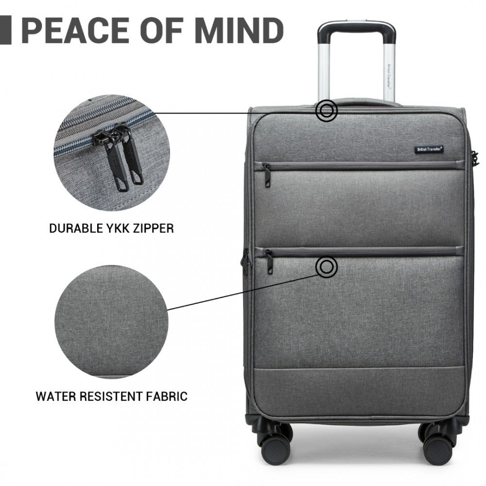 British Traveller K2397L Cabin Luggage in Grey (50x40x20 cm) - Lightweight Soft Shell Suitcase With Laptop Compartment TSA Lock - Luggage eStore