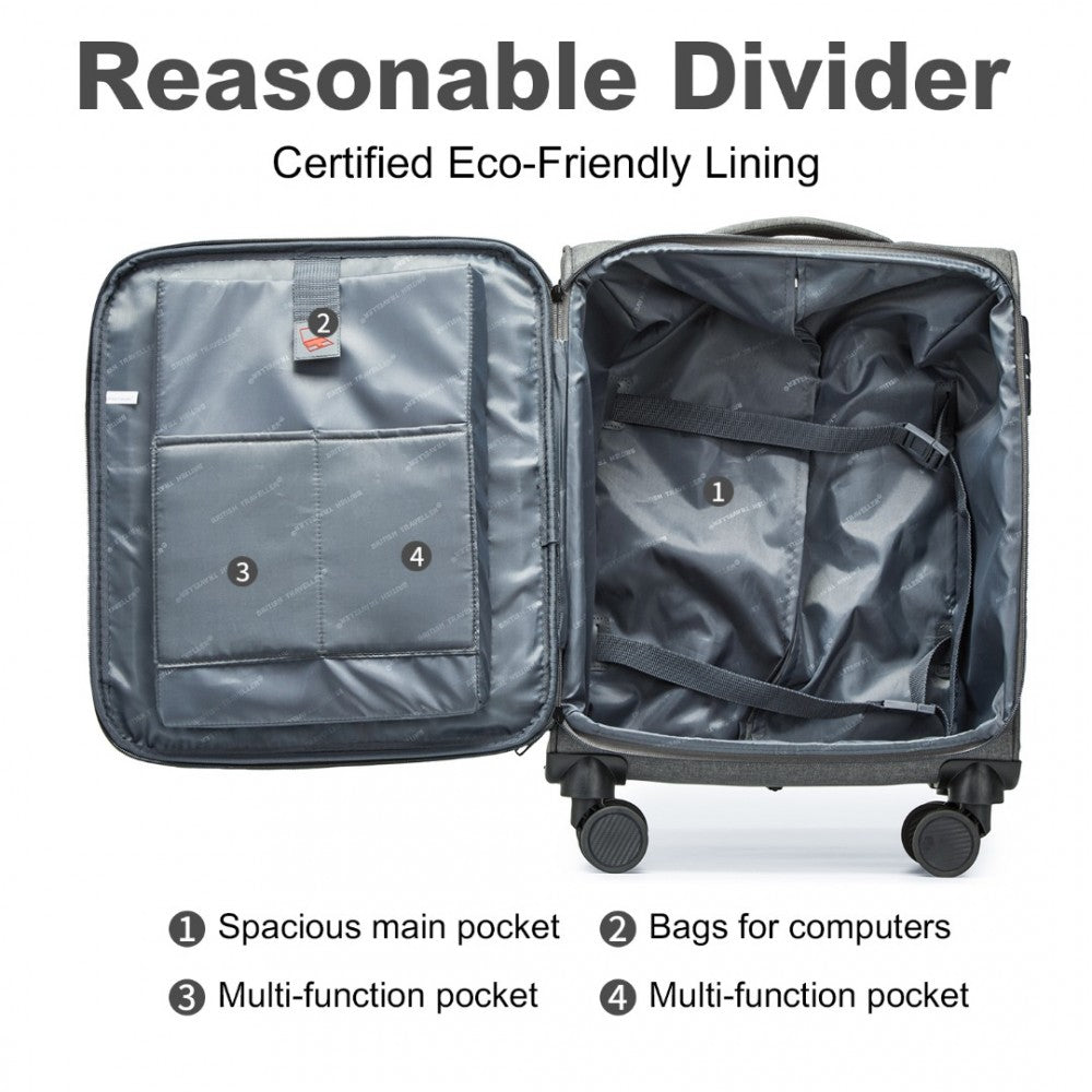 British Traveller K2397L Cabin Luggage in Grey (50x40x20 cm) - Lightweight Soft Shell Suitcase With Laptop Compartment TSA Lock - Luggage eStore