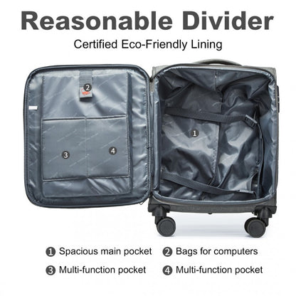 British Traveller K2397L Cabin Luggage in Grey (50x40x20 cm) - Lightweight Soft Shell Suitcase With Laptop Compartment TSA Lock - Luggage eStore