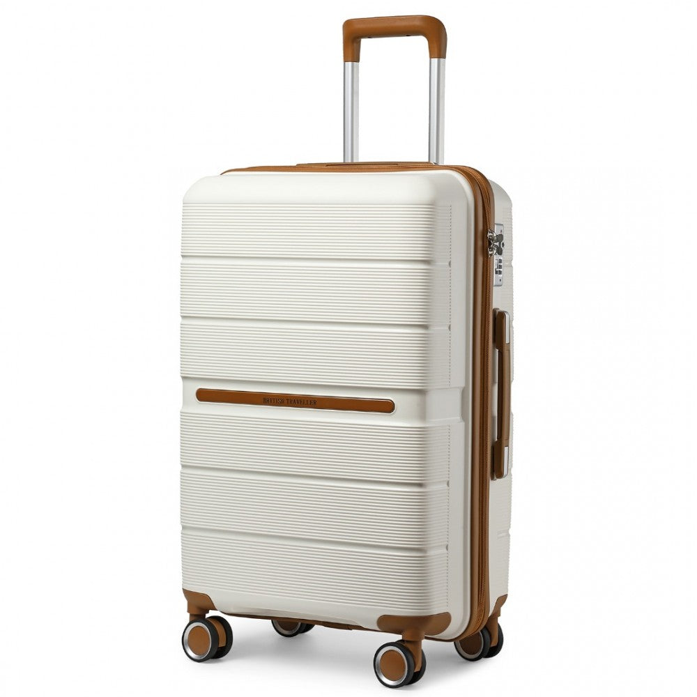 British Traveller K2392L Large Luggage in Cream and Tan (76x50x31 cm) -  Multi-Texture PP Hard Shell Suitcase with TSA Lock - Luggage eStore