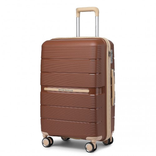 British Traveller K2392L Mid-Size Luggage in Brown and Apricot (66x44x28.5 cm) -  Multi-Texture PP Hard Shell Suitcase with TSA Lock - Luggage eStore